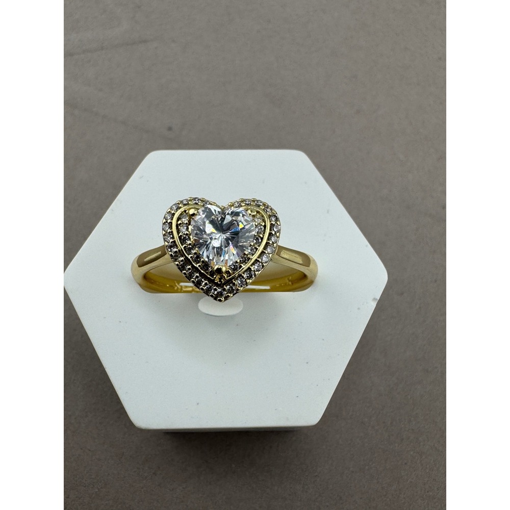Gold Tone Heart Shaped Double Halo Cubic Zirconia Ring Size 9